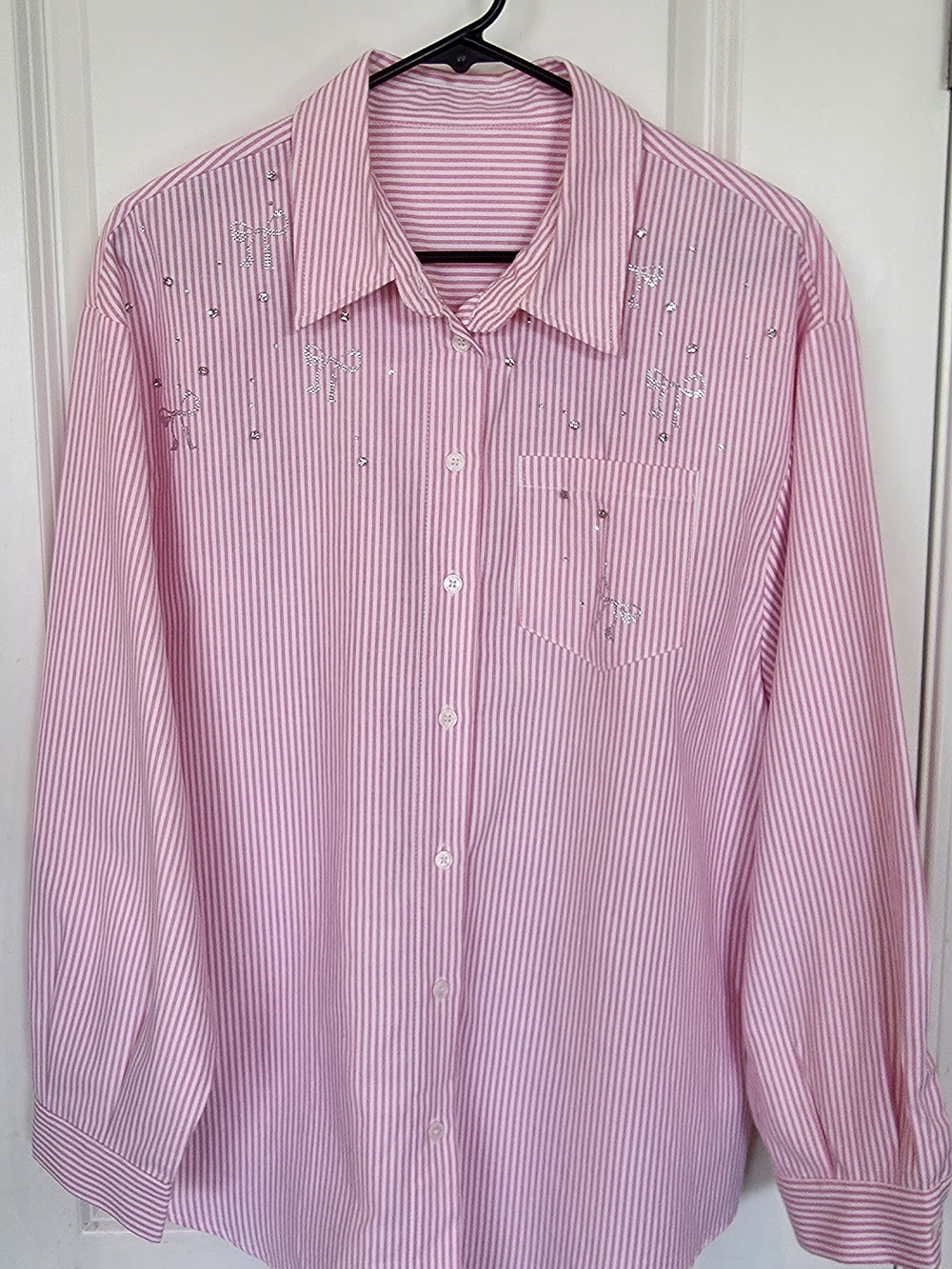 MOTF Pink Striped Button-Up Blouse with Rhinestone Accents